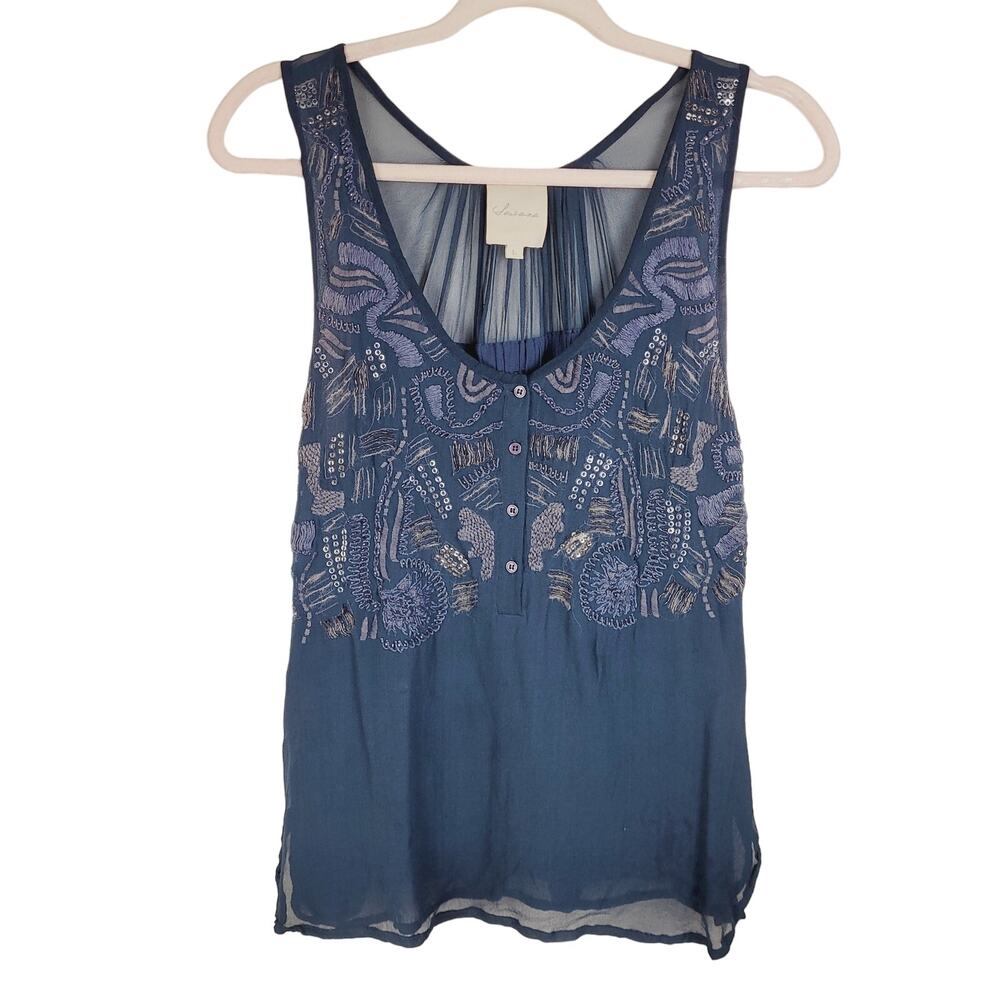 Saivana dark green beaded embroidered silk sleeveless blouse size Large Boho